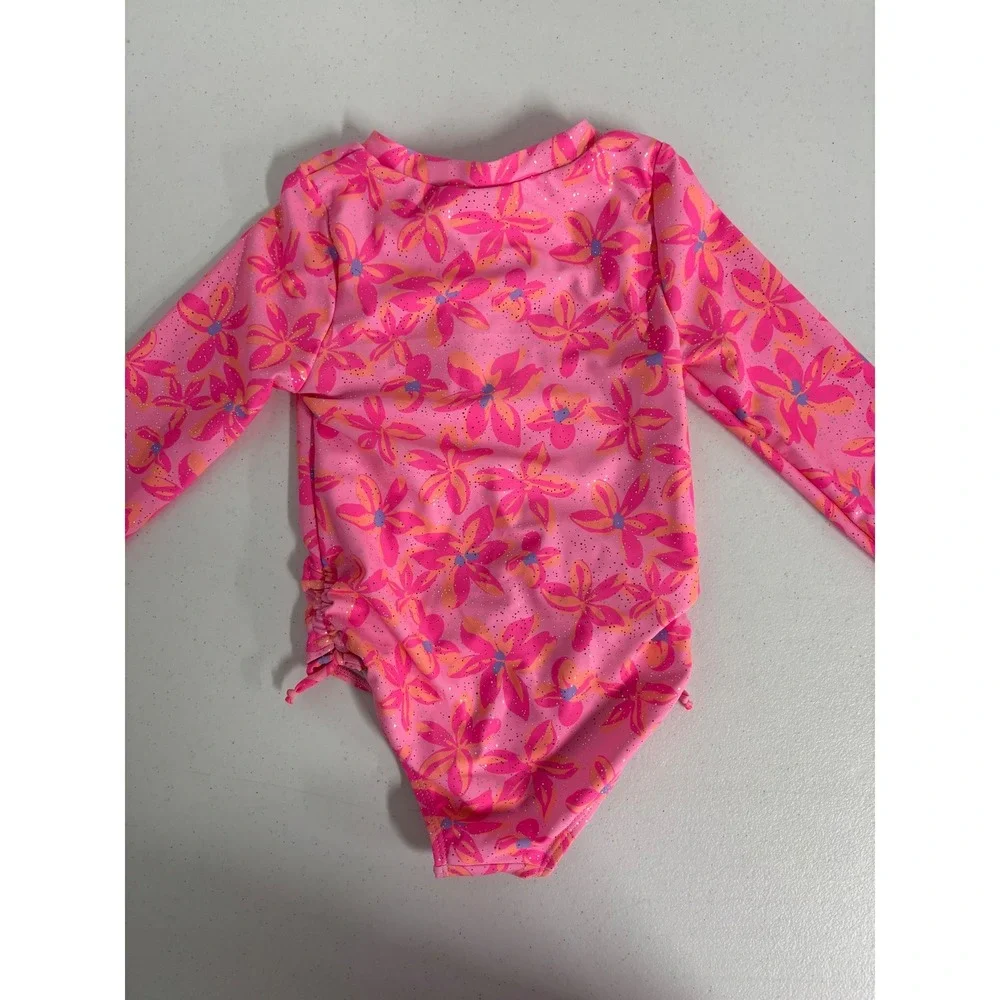Nicole Miller New York Kids Pink Floral Long Sleeve Glitter Swimsuit Size 6 NWT
